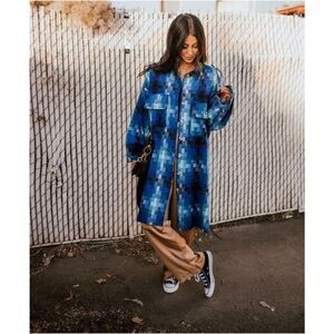 Dressed in LALA Blue and black plaid oversized long utility jacket